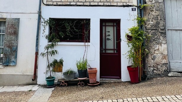 A two-story building with a stone facade, a red door, and multiple potted plants at the entrance. - Le logis des ais. Historic townhouse in city center (La Charité-sur-Loire)