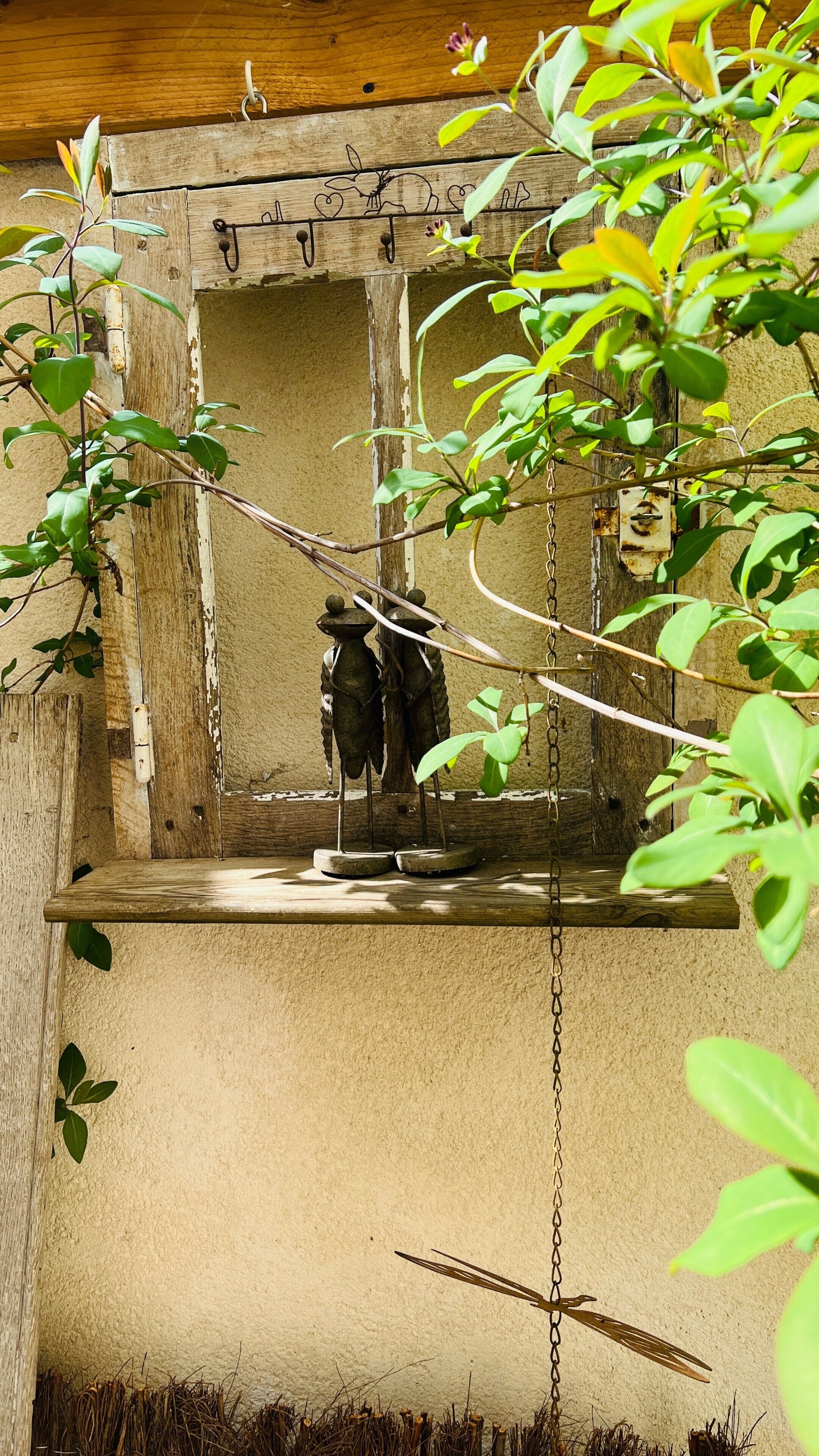 Une étagère en bois rustique, sur laquelle est suspendée une cage à oiseaux, le tout entouré de verdure.