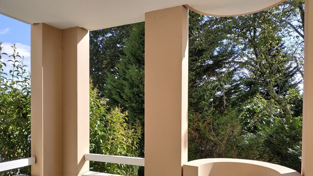 A balcony with a white railing, beige walls, and a view of dense green foliage.