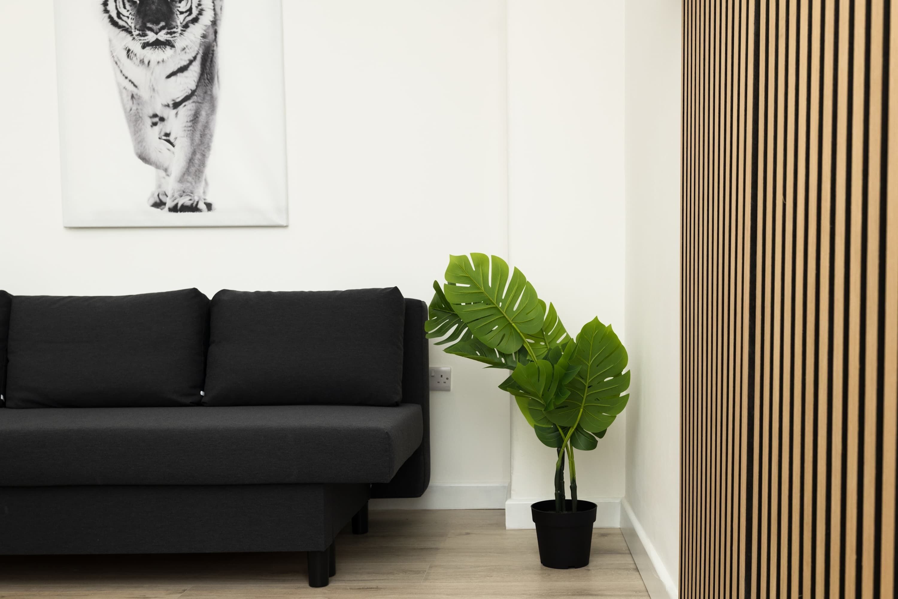 A black sofa, a large green plant, and a vertical wooden panel.