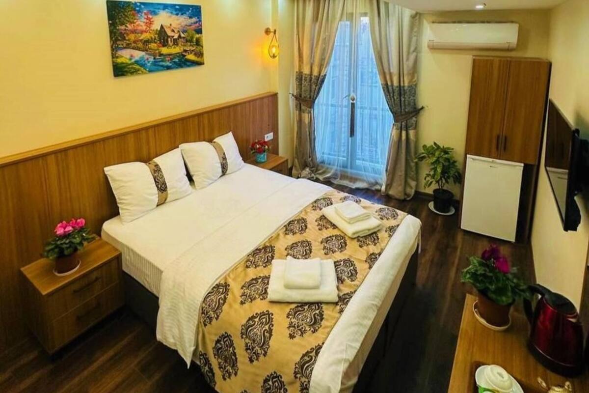 Quarto de hotel com cama, mesa de cabeceira, planta em vaso, espelho e janela com cortinas.