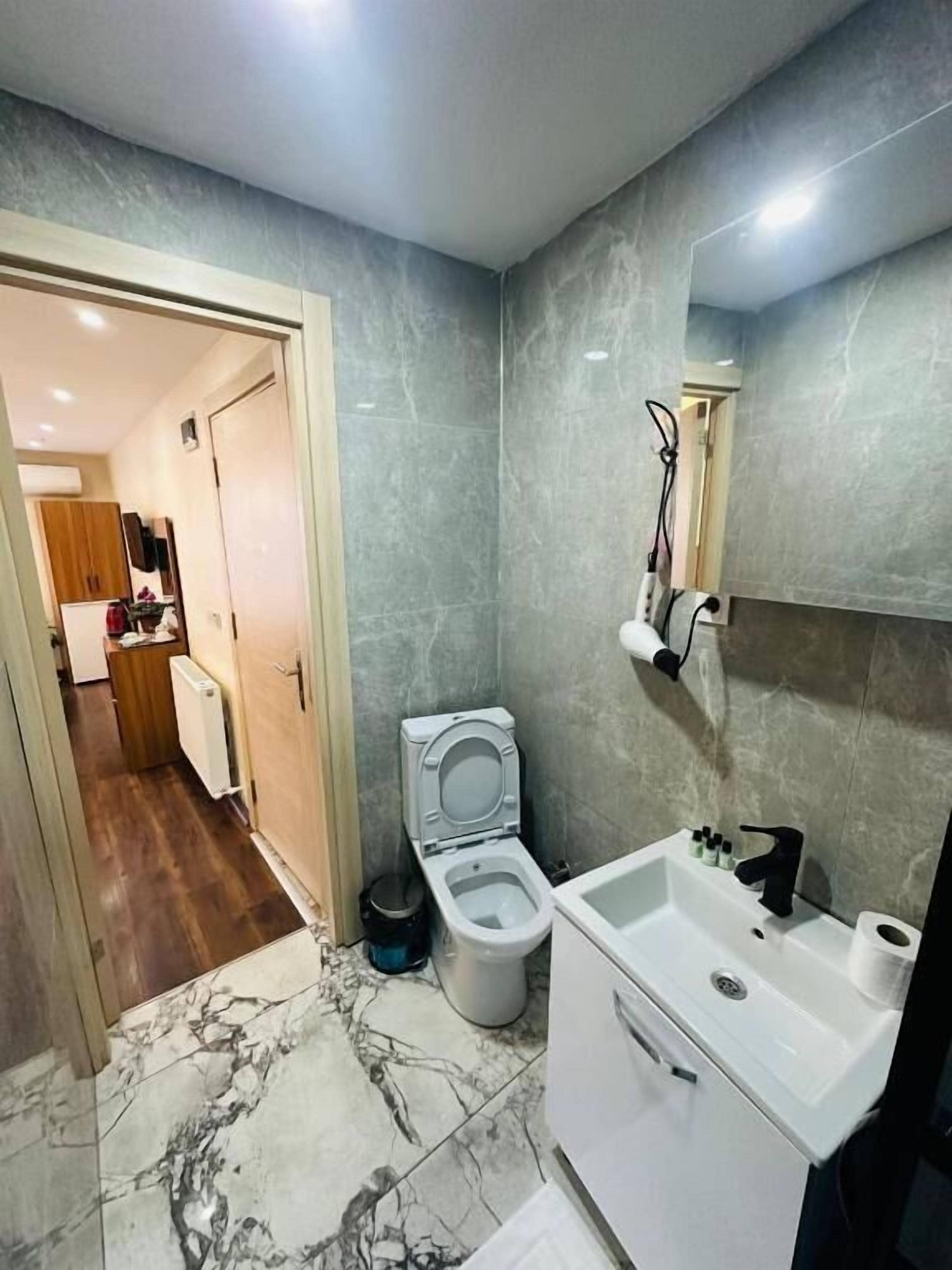 Une salle de bain avec des toilettes, un lavabo et un miroir.