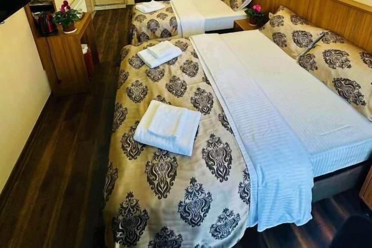 Quarto de hotel com duas camas, cabeceira de madeira, um quadro na parede e uma pequena escrivaninha com uma planta.