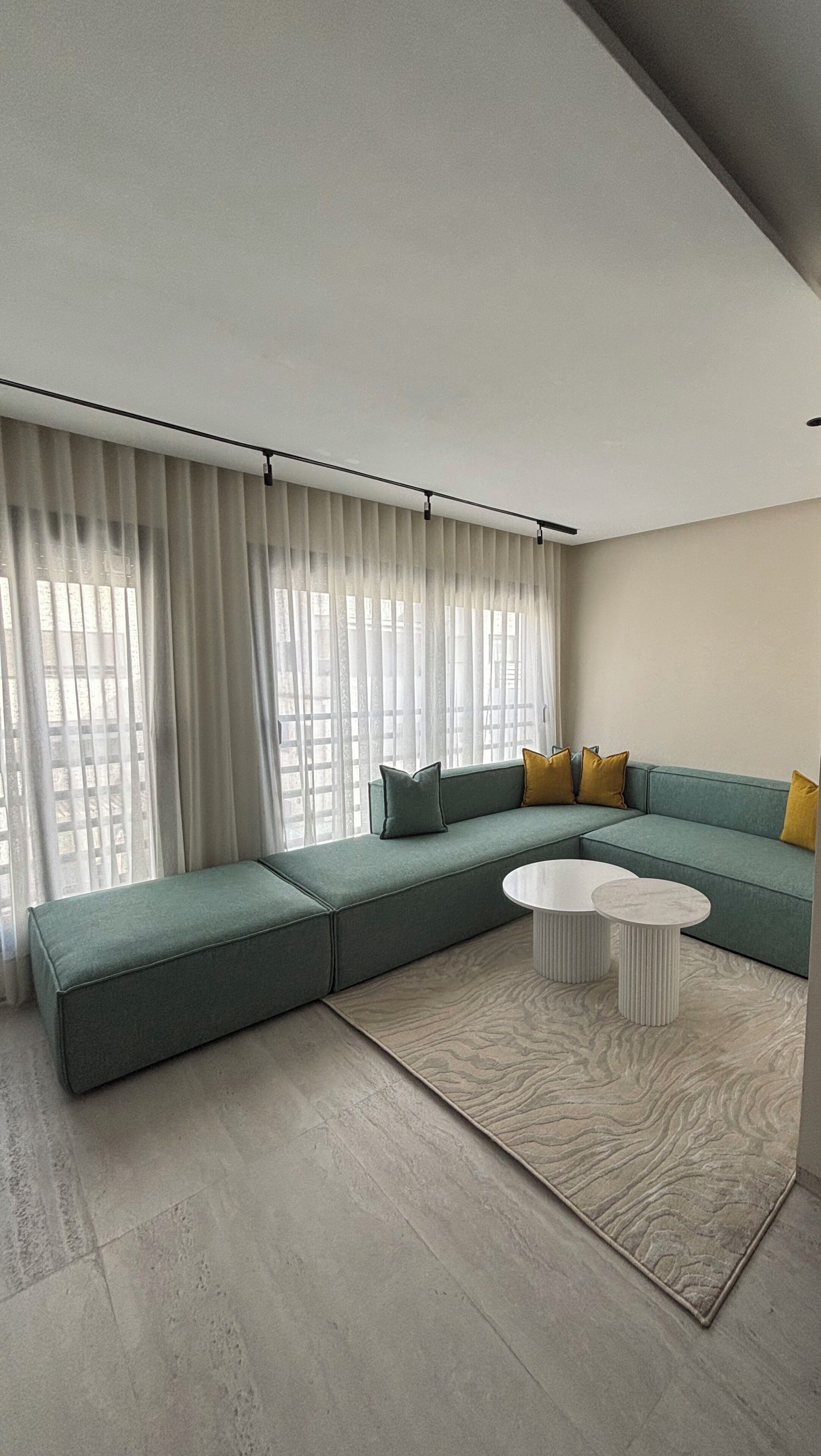 A modern living room with a sectional sofa, a coffee table, and a patterned rug.