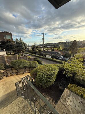 A residential area with a paved driveway, a metal railing, and a view of a street with parked cars and houses in the background.