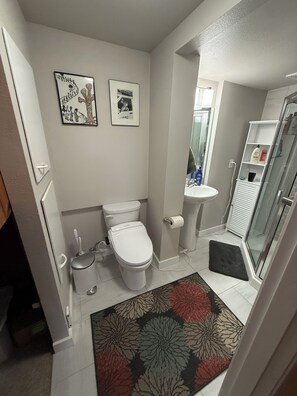 Een douche, een haardroger, een bidet, zeep