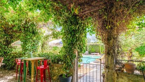 Zona de porxo coberta amb taula i cadires, envoltada de plantes en testos i vista a una piscina.