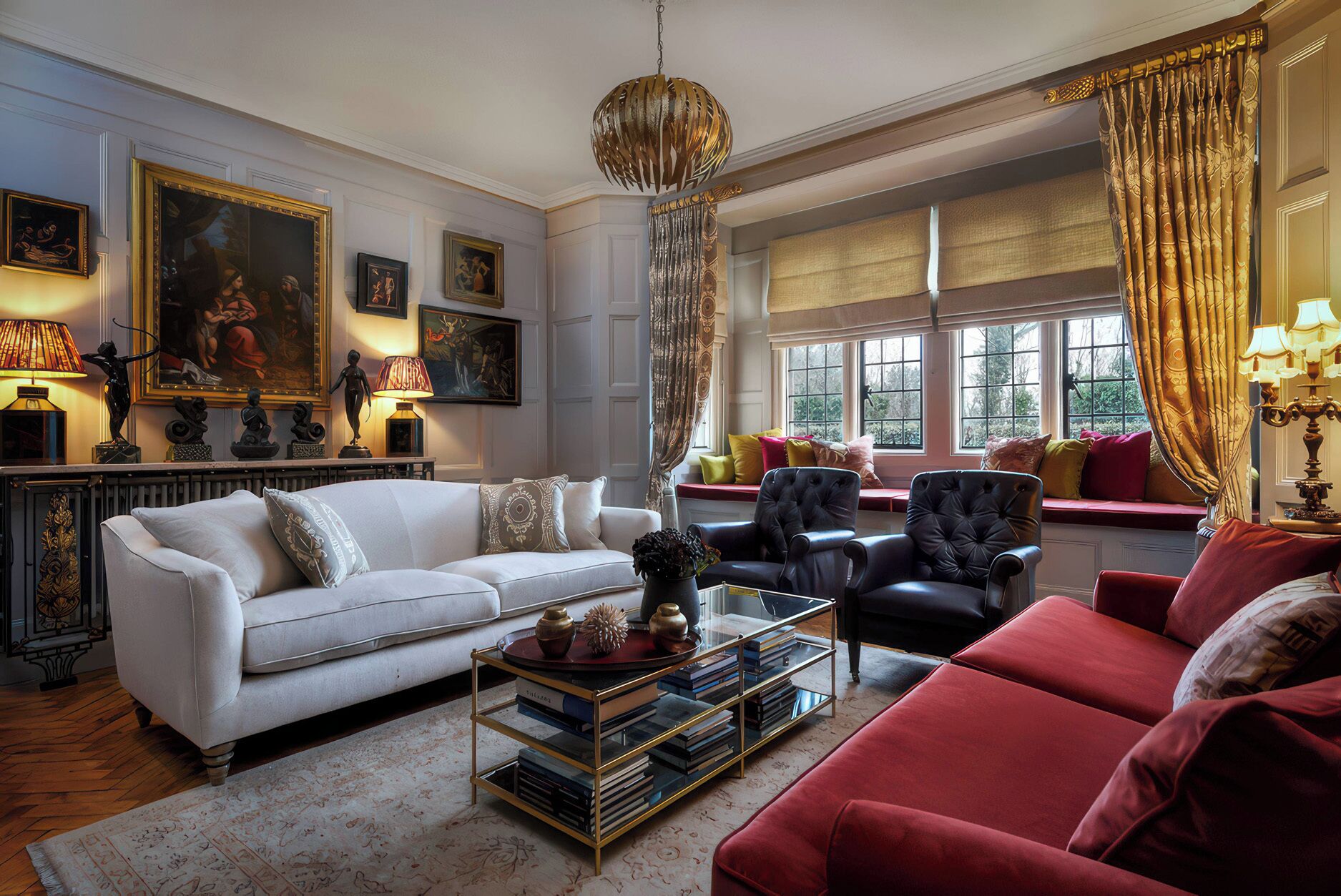 A living room with a white sofa, red armchair, and a black chair. There are books on a glass coffee table, a chandelier, and a window with curtains.