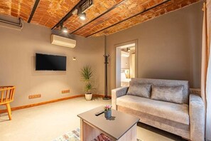A living room with a sofa, a coffee table, a TV, and a potted plant. - Bdıno boutıque hotel (Istanbul)