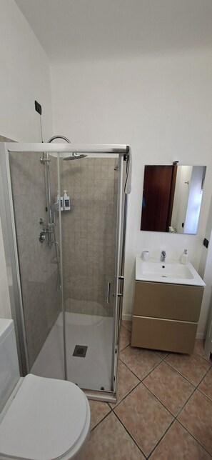 Un bagno con doccia vetrata, un lavandino bianco con specchio sopra e un water.