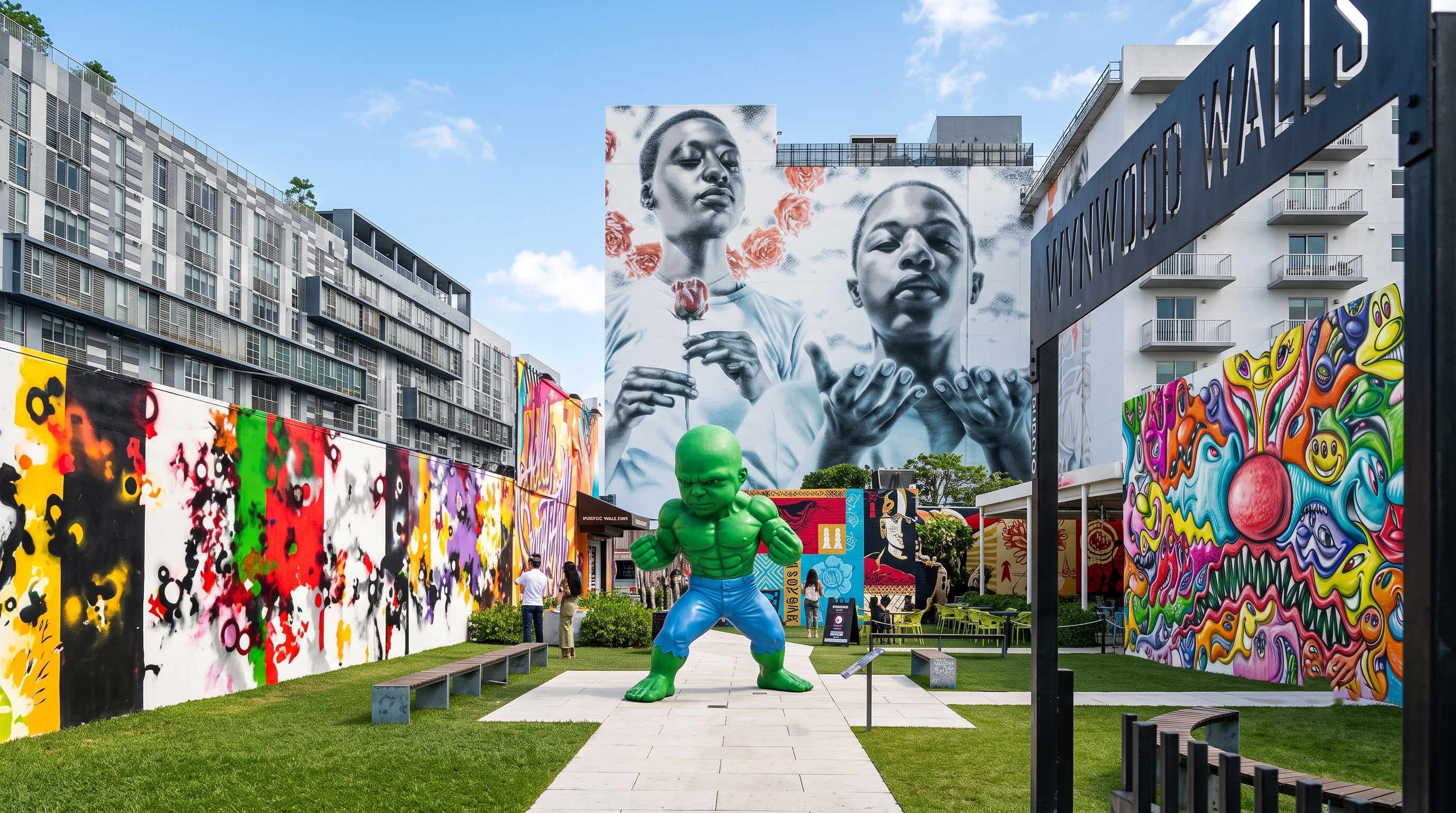 Un espace public comprenant une grande fresque murale, une statue et un bâtiment portant une enseigne.