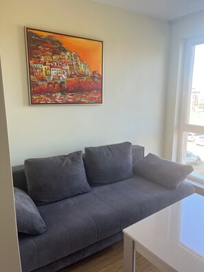 Une pièce avec un canapé gris, un tableau représentant un paysage coloré et une fenêtre donnant sur l’extérieur.