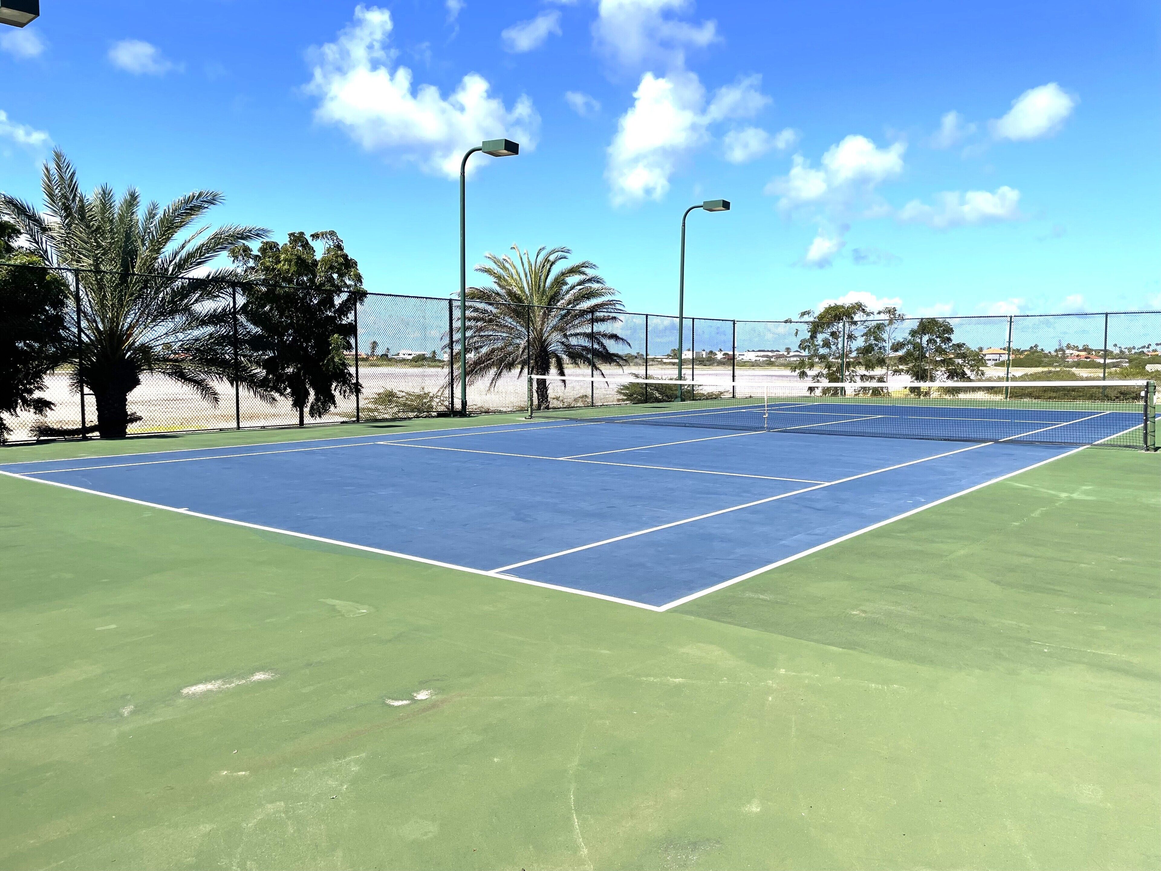 An outdoor tennis court with a net, surrounded by a fence, and palm trees in the background.