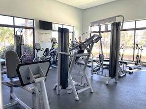 Une salle de sport équipée de divers appareils d’exercice, dotée de grandes fenêtres et offrant une vue sur la verdure environnante.