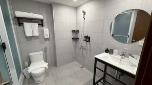 Ducha, cabezal de ducha tipo lluvia, secador de pelo, toallas
