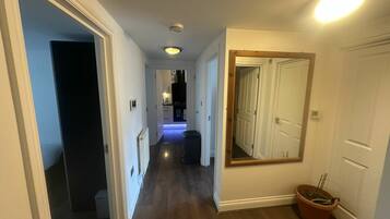 A hallway with a wooden floor, a radiator, a potted plant, and a mirror on the wall.