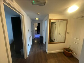Ein Flur mit Holzboden, Heizkörper, Blumentopf und Spiegel an der Wand.