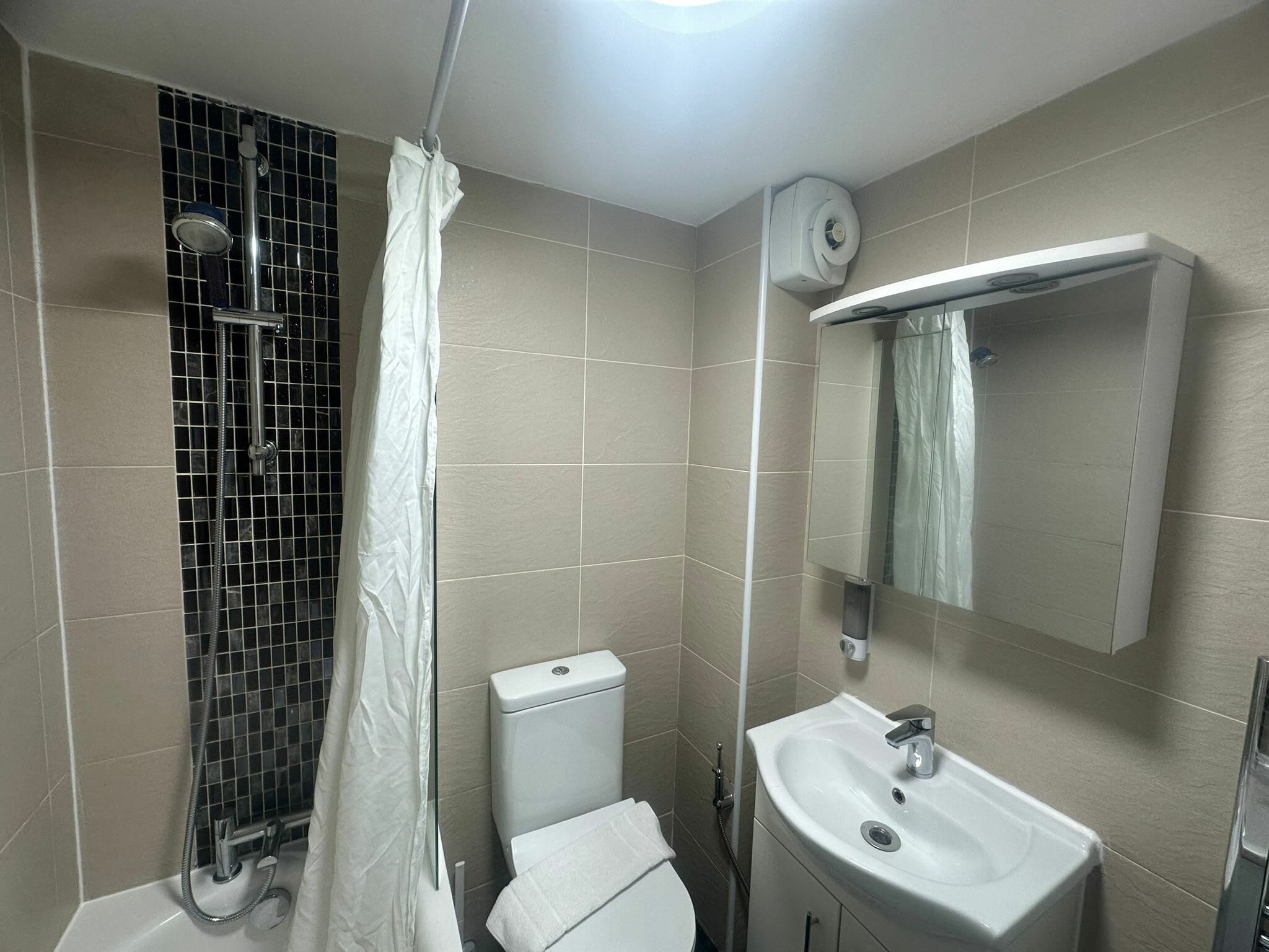 Shower, hair dryer, shampoo