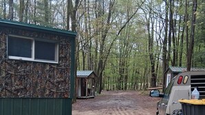 Un sentiero sterrato che conduce a un edificio verde con una finestra, circondato da alberi.