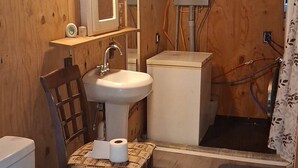 Un bagno in una cabina di legno, con il water, il lavandino e uno specchio.