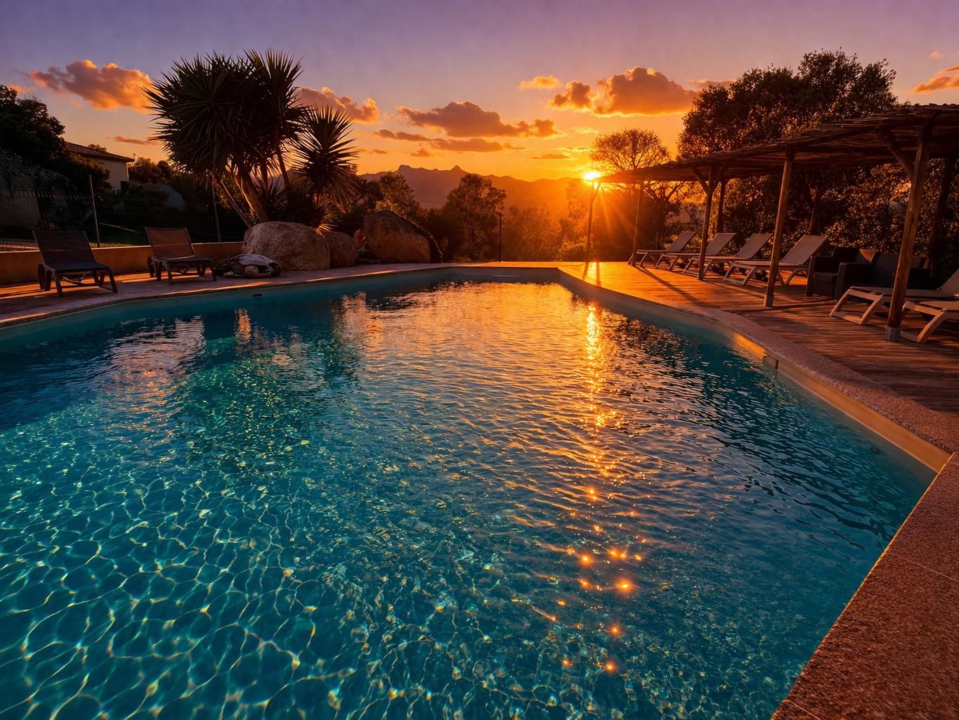A swimming pool with clear water and a sunset in the background.