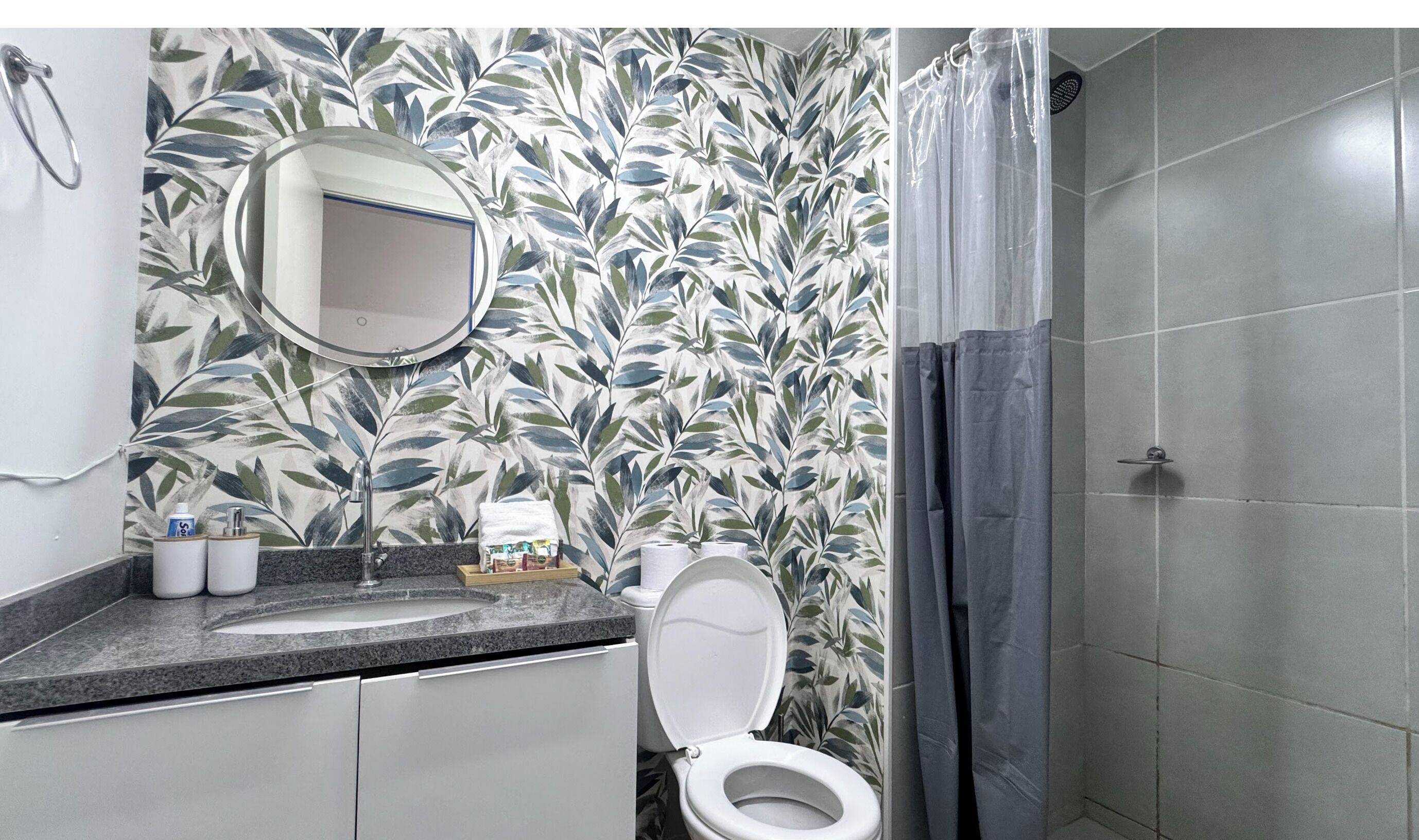 Secador de cabelo, toalhas de banho, sabonete, papel higiênico