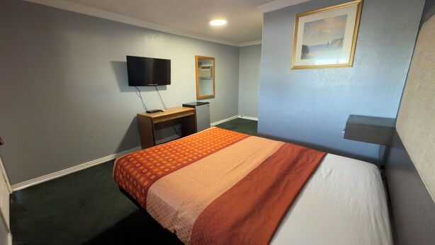 Une chambre d’hôtel avec un lit, une télévision, un bureau et un tableau encadré au mur.