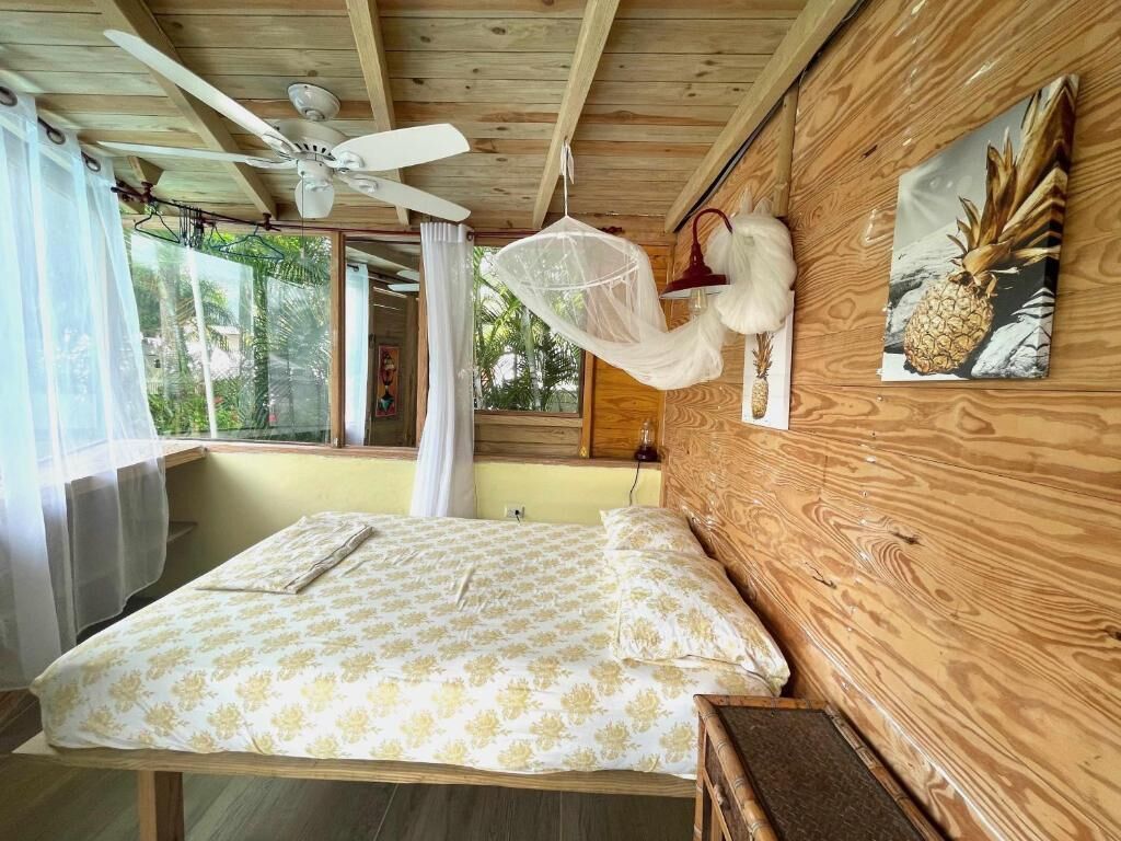A wooden room with a bed, a ceiling fan, a mosquito net, and a pineapple painting on the wall.