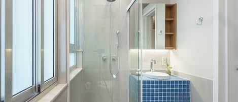 Hair dryer, bidet, towels, soap