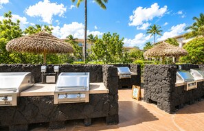 Outdoor barbecue grills built into stone walls, surrounded by tropical vegetation and palm trees.