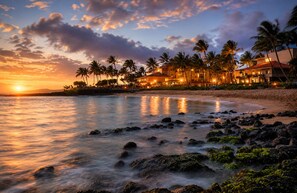 A beachfront hotel with a sunset view, palm trees, and a rocky shoreline.