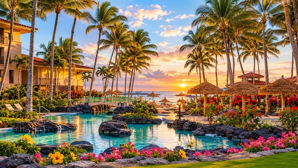 Piscina de resort con palmeras, un puente y vistas al atardecer.