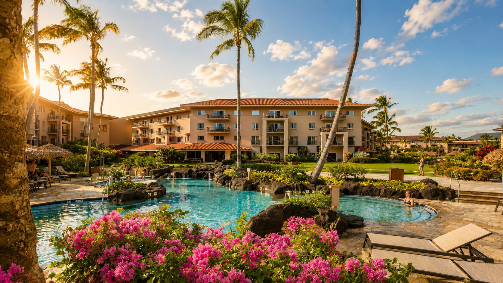 A resort with a swimming pool, palm trees, and a building with balconies.