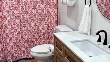 Hair dryer, towels, soap, toilet paper