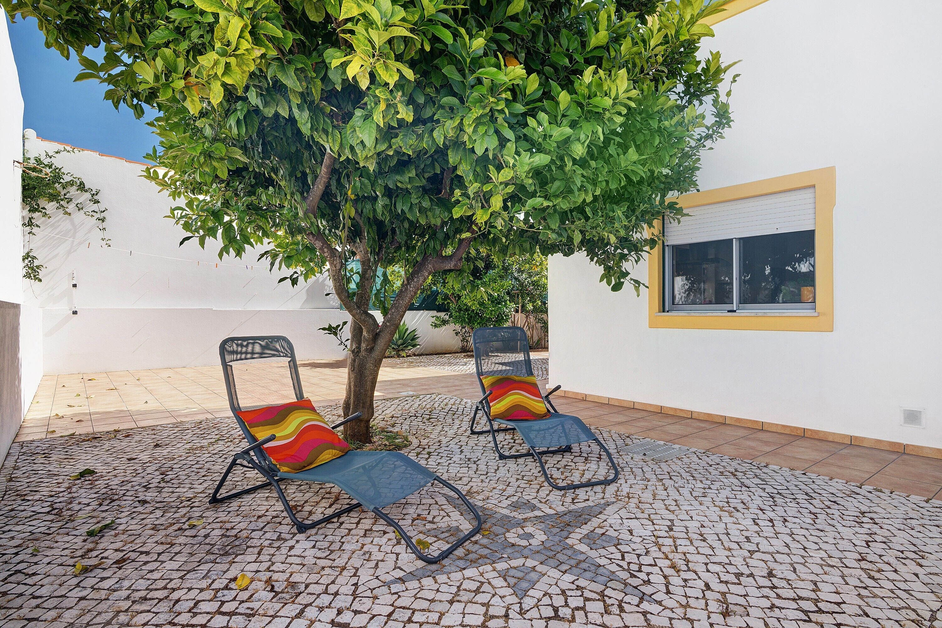 Un patio con dos sillones, un árbol y una pared blanca con una ventana.