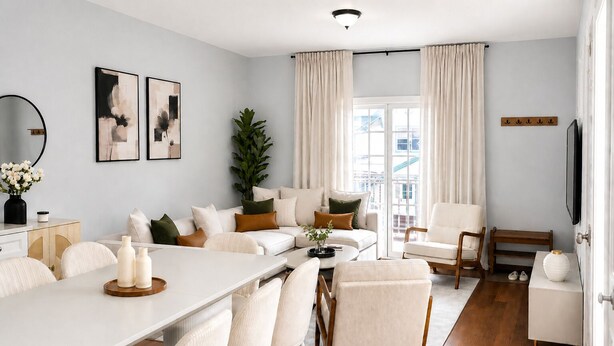 Een moderne woonkamer met een eethoek, een groot raam met gordijnen, een plant en een flatscreen televisie.