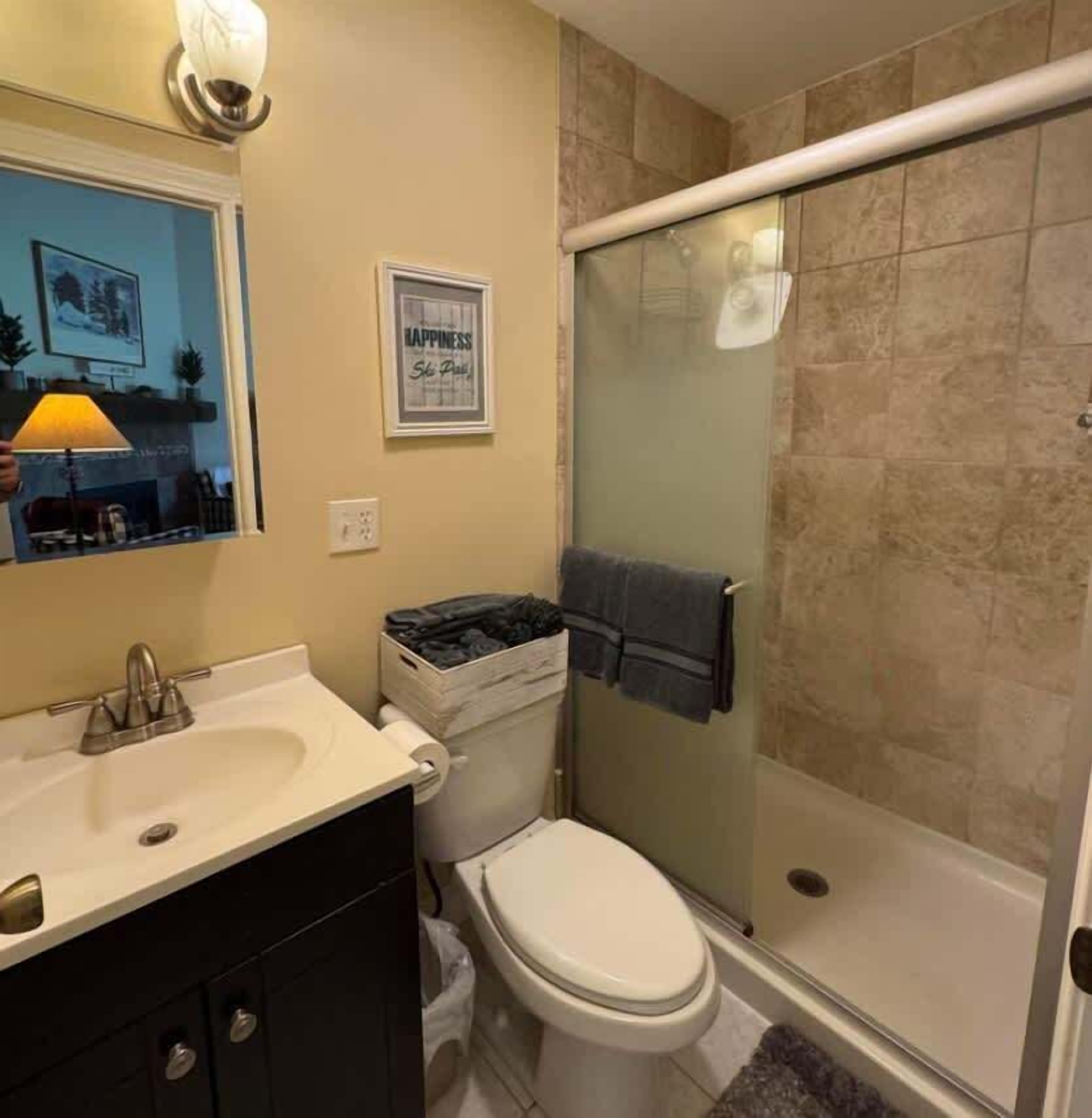 Un baño con inodoro, lavabo y ducha.
