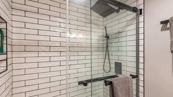 Shower, hair dryer, shampoo