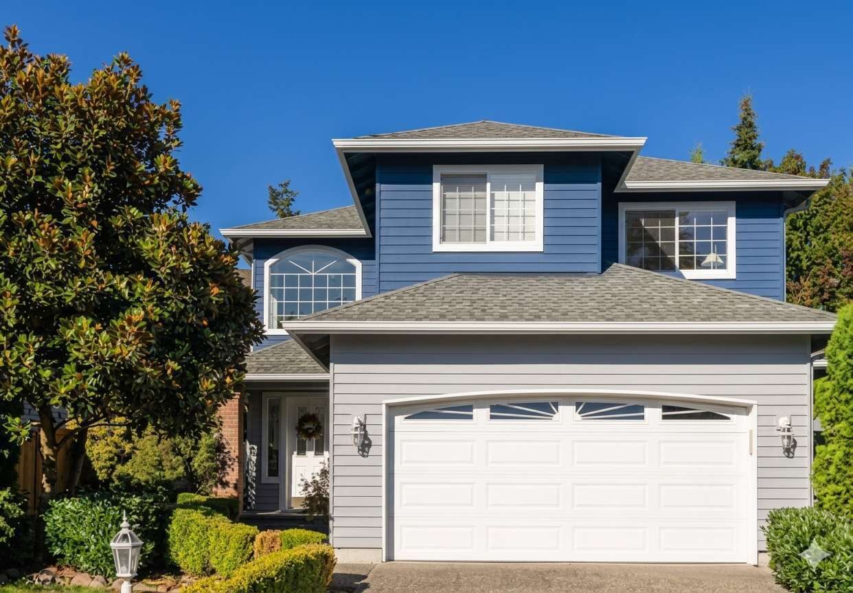 Une maison à deux étages avec un garage, un porche à l’avant et un jardin bien entretenu.