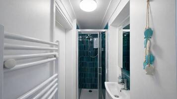Shower, towels, toilet paper