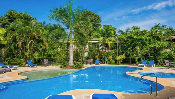 Una piscina con sillas de descanso, rodeada de palmeras y follaje.