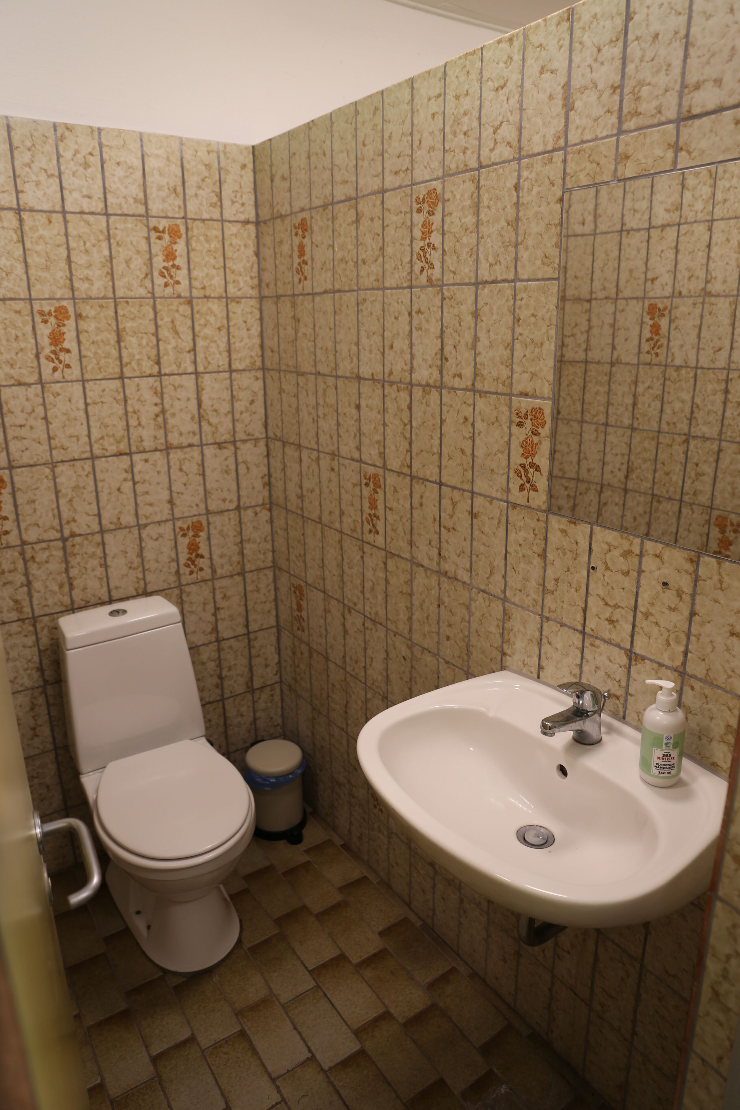 A bathroom with a toilet, sink, and trash bin.