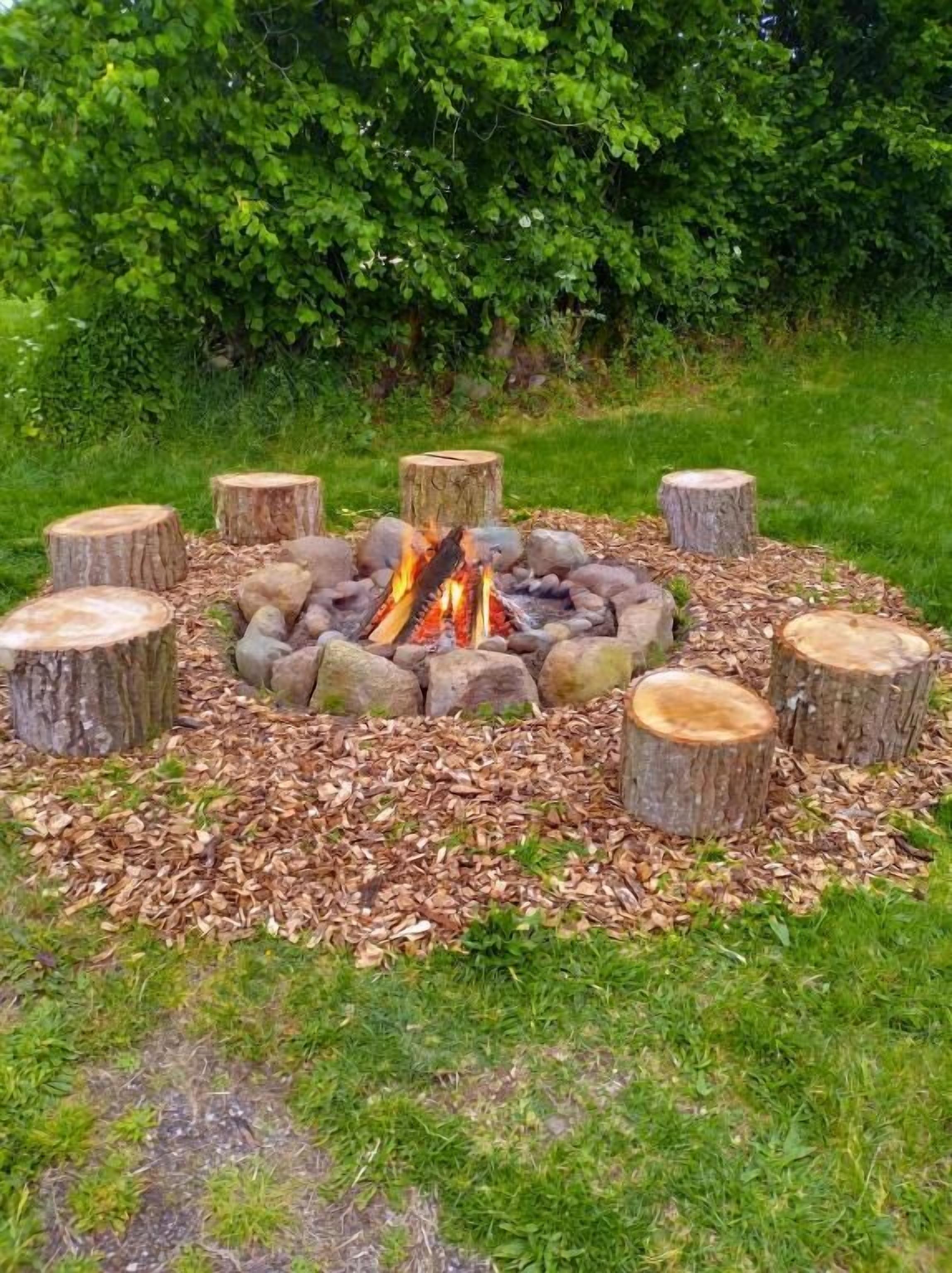 Un pozo de fuego circular con troncos y piedras, rodeado de tocones de árboles, situado en una zona cubierta de hierba con vegetación densa al fondo.