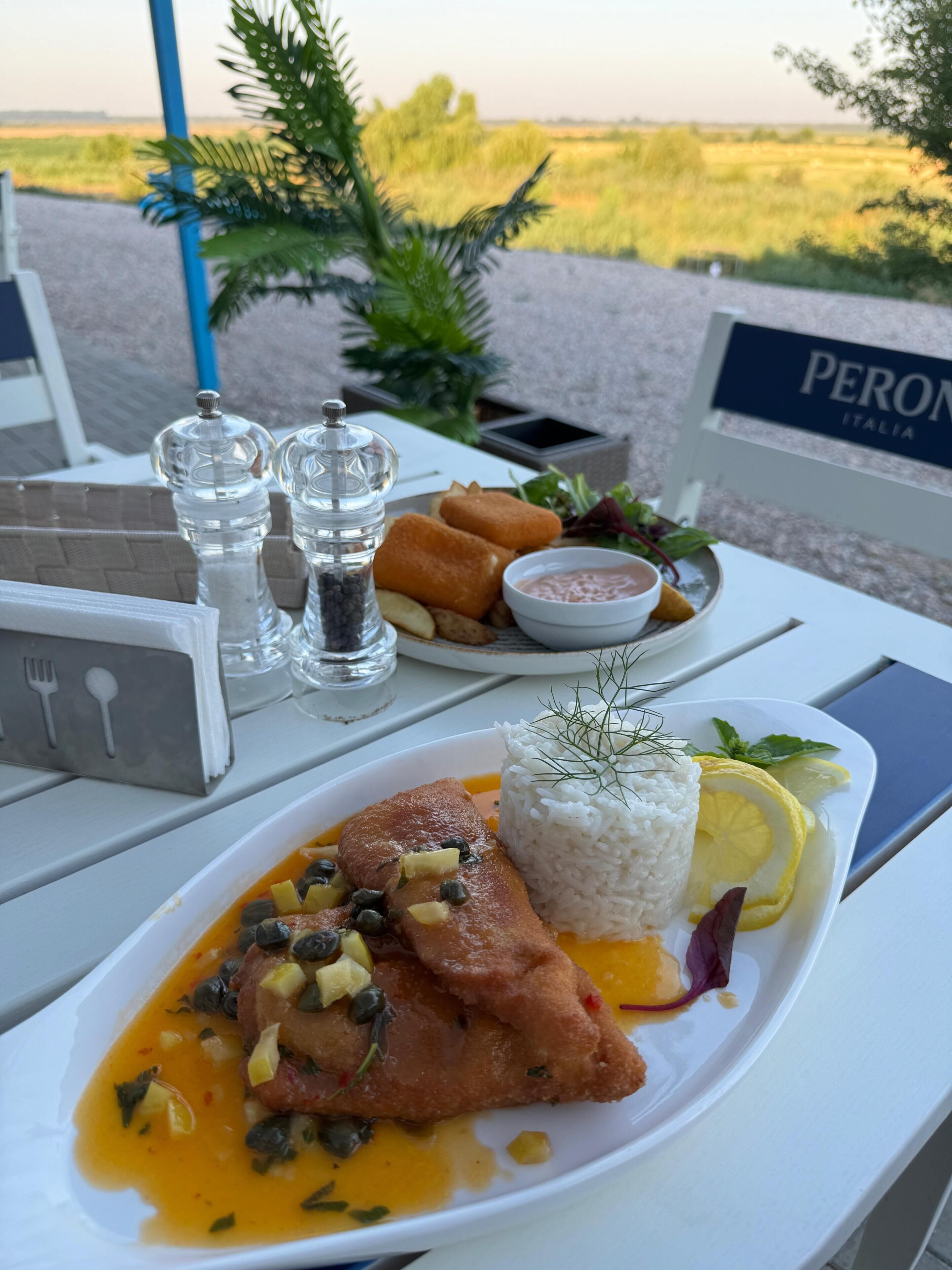 Una mesa con comida que incluye pescado, arroz, limón y verduras, con vista a un campo y un letrero que dice 'PERON ITALIA'.