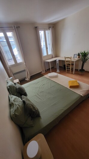 A room with a bed, a desk, a chair, and a potted plant. - Apartment in the medieval city 10 minutes from the Palais des Papes (Avignon)