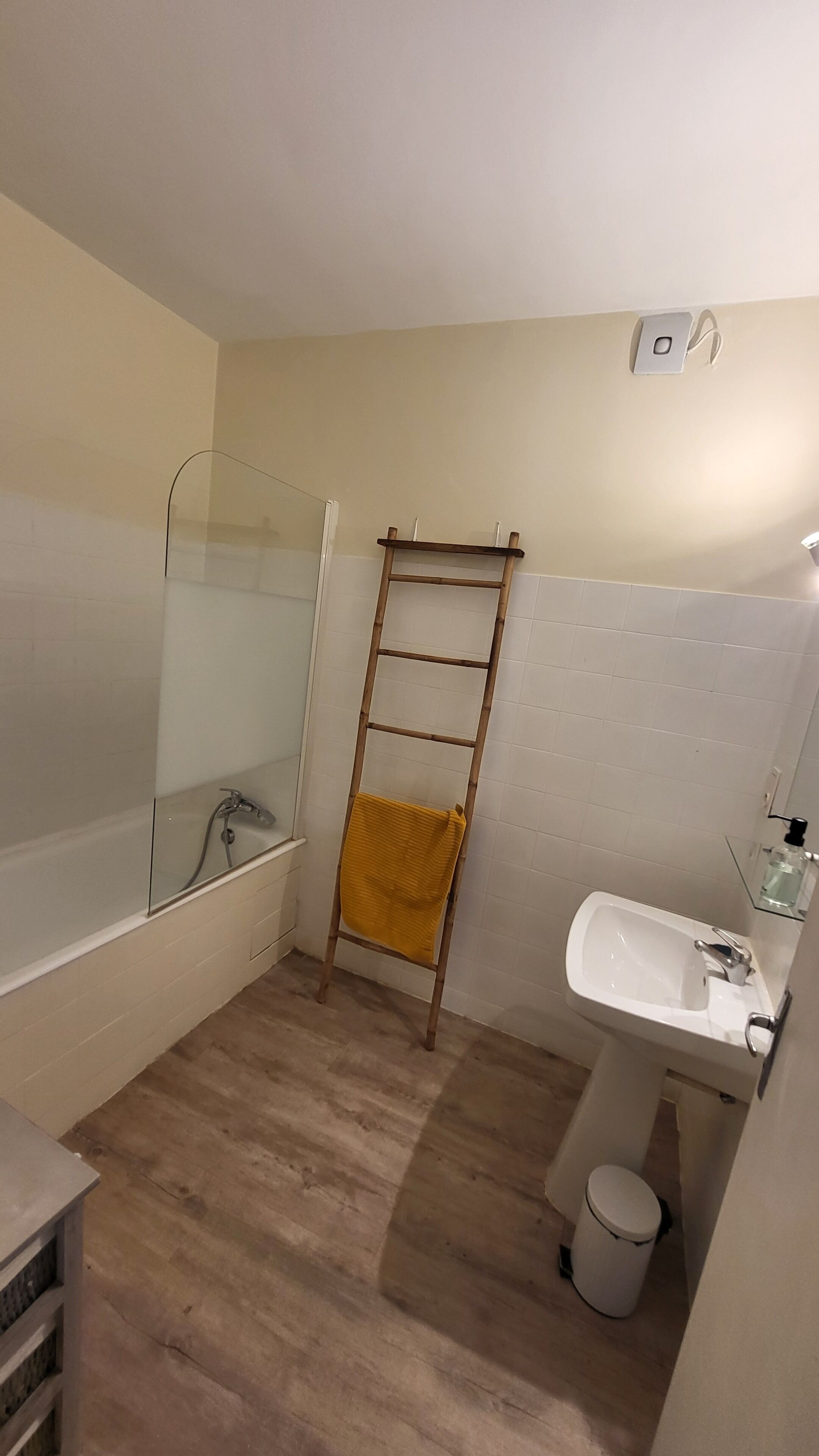 Hair dryer, towels, soap, toilet paper