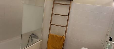 Hair dryer, towels, soap, toilet paper