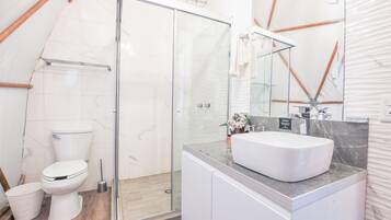 Shower, towels, soap, shampoo