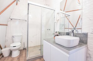 A modern bathroom with a glass shower enclosure, a white toilet, and a marble countertop with a sink. - El Cielo de Santiago (Santiago)