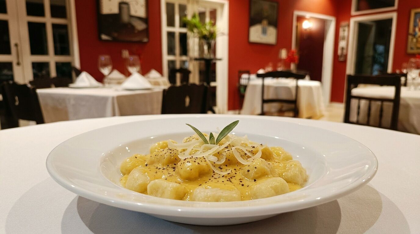 A plate of gnocchi with a garnish on a white table in a restaurant setting.